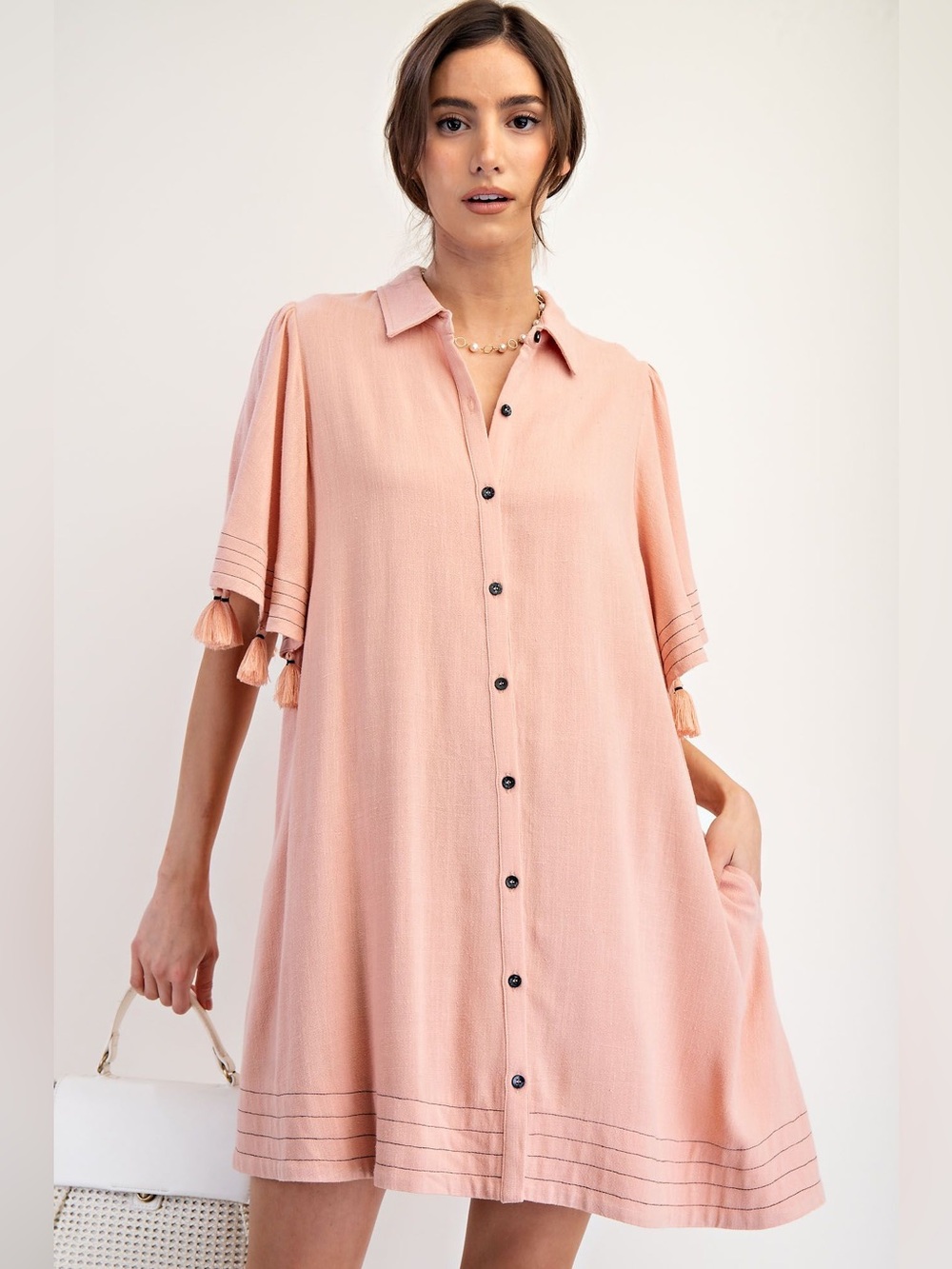 #242 New! Easel  Boho Button-Front Tassel Shift Dress